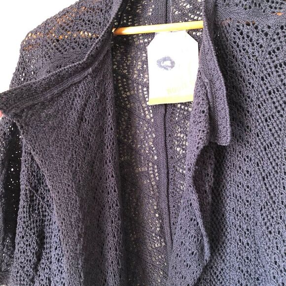 Vtg Route 66 Large Womens Crochet Cropped Black Cardigan Moody Goth 90s Y2K - Picture 3 of 9